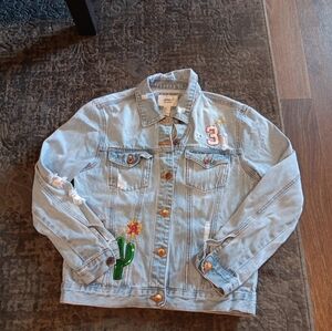 Forever 21+ Women's Denim Jean Jacket Distressed Embellished Cactus Sequin Sz S
